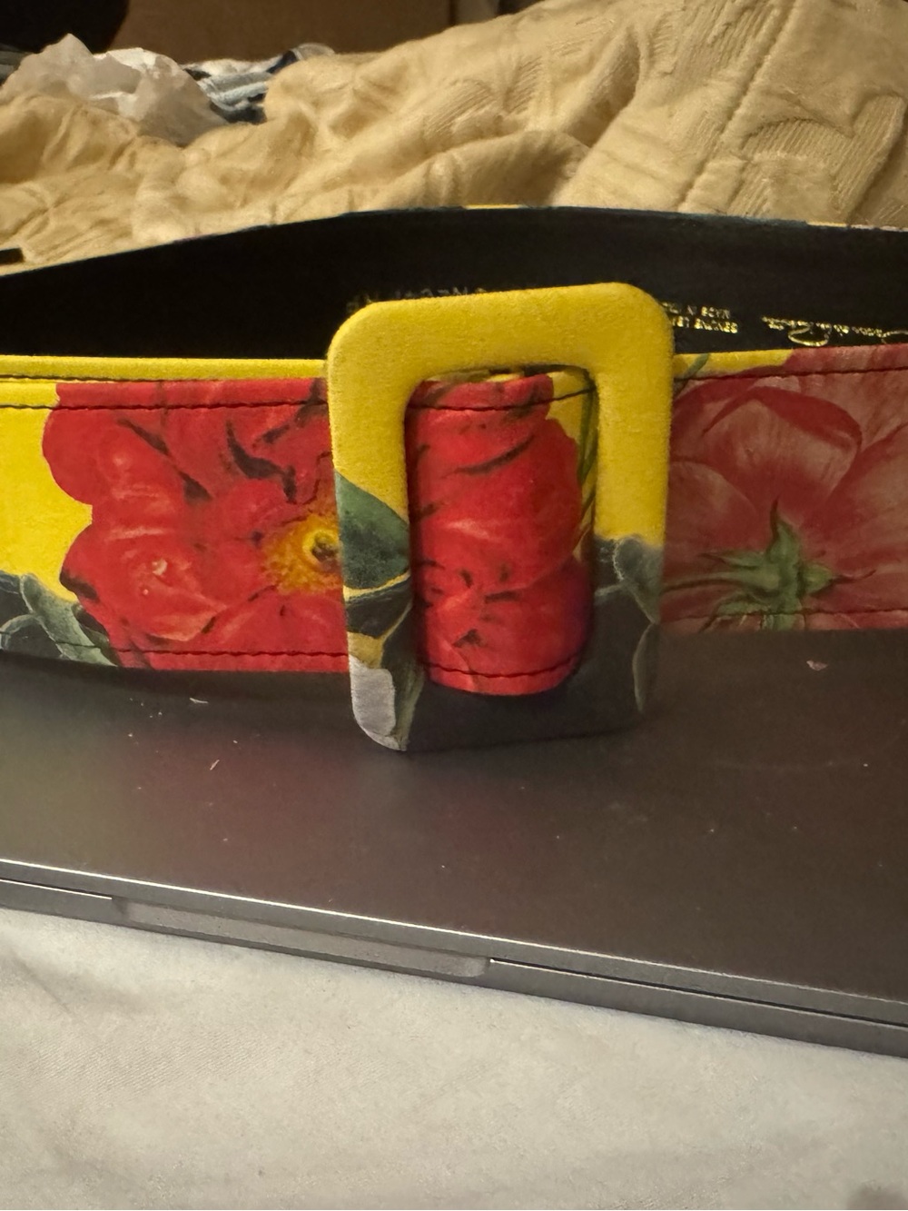 Oscar de la Renta Yellow Belt with Red Floral Covered Buckle